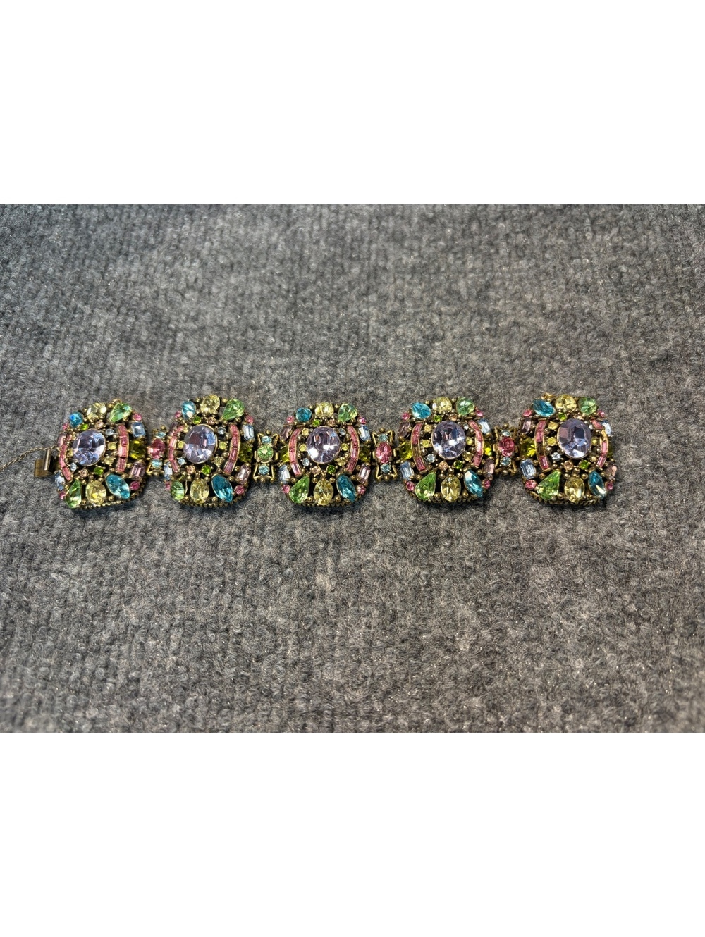 1955 Hollycraft gold tone multi color pastel rhinestone link bracelet